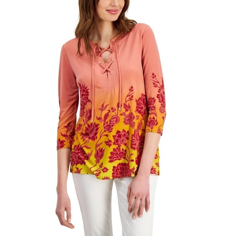 JM Collection Top Womens 2XL Burnt Brick Lace Up Floral Tunic Blouse Peasant NWT